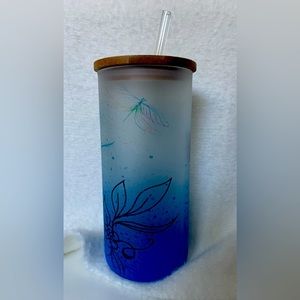 Frosted Tumbler with a bamboo lid and plastic straw.